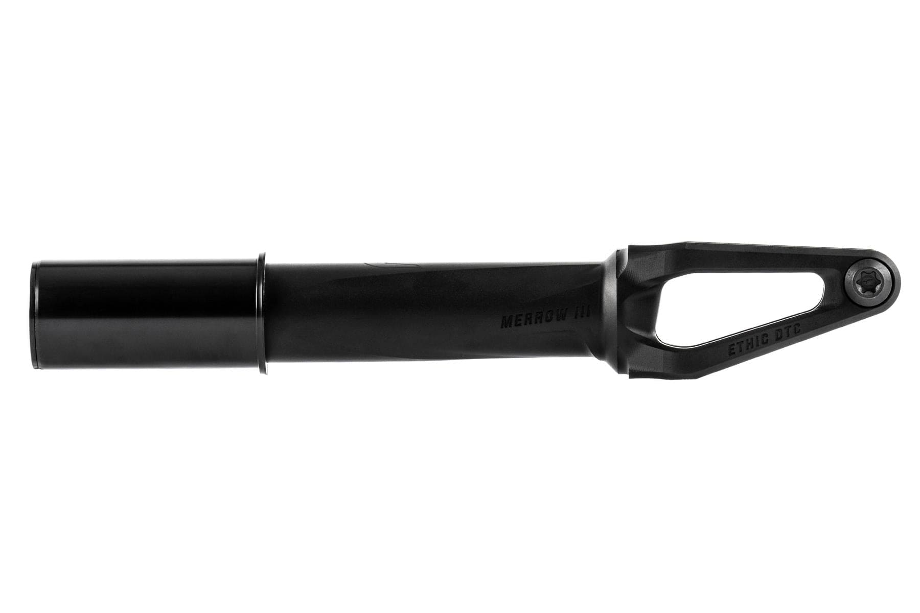 The Ethic DTC Merrow V3 HIC Stunt Scooter Fork in black, crafted from 7075 aluminium with a peg, is shown side-on against a white background. Its lightweight cutout design and "ETHIC DTC" branding are visible on the metal.