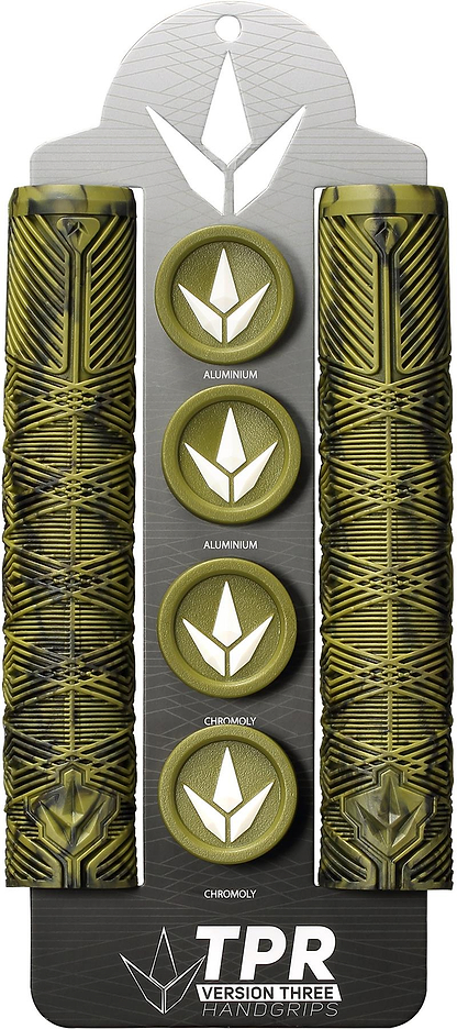 The Blunt Envy V3 Olive/Black Stunt Scooter Grips (160mm) come as a set of two textured grips with four bar ends, ideal for your stunt scooter and displayed on a black and silver "TPR Version Three Handgrips" card.