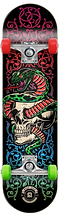 Introducing the Madd Gear MGP Pro Series Snake Pit Black Complete Skateboard, an ideal choice for beginners. This skateboard features a bold design with a skull and green snake entwined against detailed red and blue patterns. It is constructed with a durable 9-ply maple deck and comes with eye-catching red and green wheels.