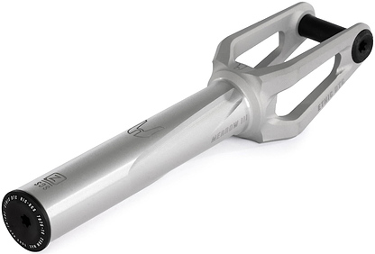The Ethic DTC Merrow V3 8/12STD SCS Stunt Scooter Forks - Raw is a silver metal fork with a cylindrical base, two angled arms ending in a black axle, and engraved Ethic branding plus a simple logo.