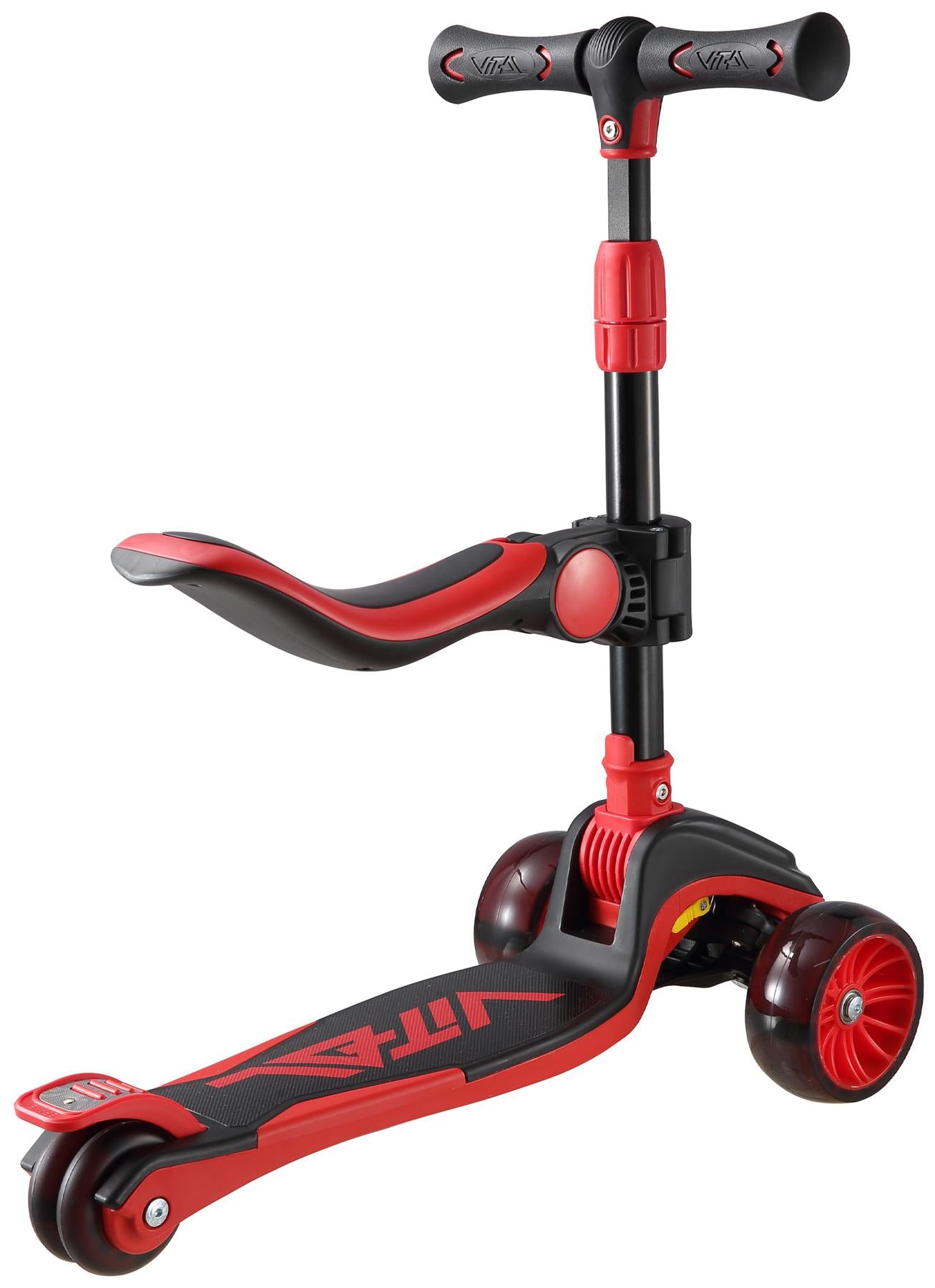 The Vital Tyke 3 Wheel Kids Scooter by Vital features a wide deck, adjustable handlebar, foldable seat, two front wheels, rear brake—ideal as a first red scooter for kids to sit or stand and ride.