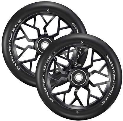 Two Blunt Envy Sector 120mm Stunt Scooter Wheels in black, featuring geometric spoke patterns and white rim text. The wheels are stacked with partial overlap—ideal for the Prodigy X ONE. Brand: Blunt Envy.