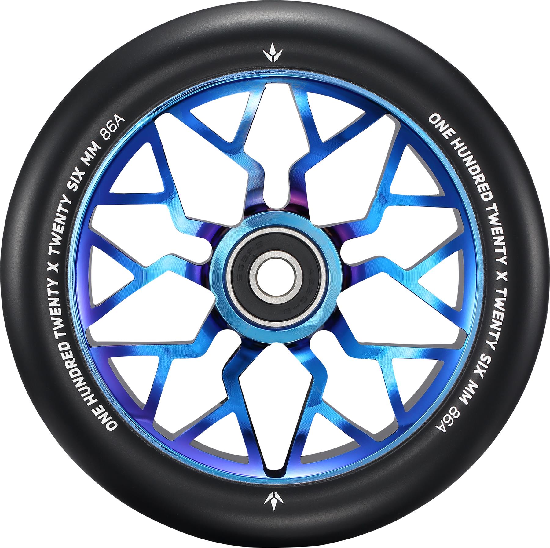 The Blunt Envy Sector 120mm Stunt Scooter Wheel - Burnt Pipe features a blue and black geometric, star-shaped spoke design with a black rim marked “ONE HUNDRED TWENTY X TWENTY SIX MM 86A.” Perfect for Prodigy X ONE scooters.