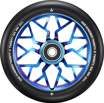 The Blunt Envy Sector 120mm Stunt Scooter Wheel - Burnt Pipe features a blue and black geometric, star-shaped spoke design with a black rim marked “ONE HUNDRED TWENTY X TWENTY SIX MM 86A.” Perfect for Prodigy X ONE scooters.