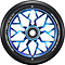 The Blunt Envy Sector 120mm Stunt Scooter Wheel - Burnt Pipe features a blue and black geometric, star-shaped spoke design with a black rim marked “ONE HUNDRED TWENTY X TWENTY SIX MM 86A.” Perfect for Prodigy X ONE scooters.