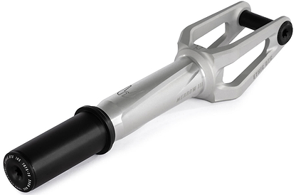 The Ethic DTC Merrow V3 8/12STD IHC Stunt Scooter Forks in Raw by Ethic feature a modern, sleek design with cut-out sections and engraved branding, shown here photographed on a white background.