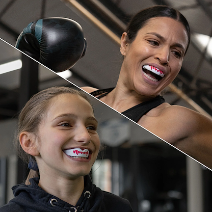 Split image: Top half—woman boxing, wearing the Safejawz Extro Series Protection Mouthguard - Pink Fangz with printed sharp teeth. Bottom—smiling girl in a gym, also sporting the Safejawz hi-impact protection mouthguard.