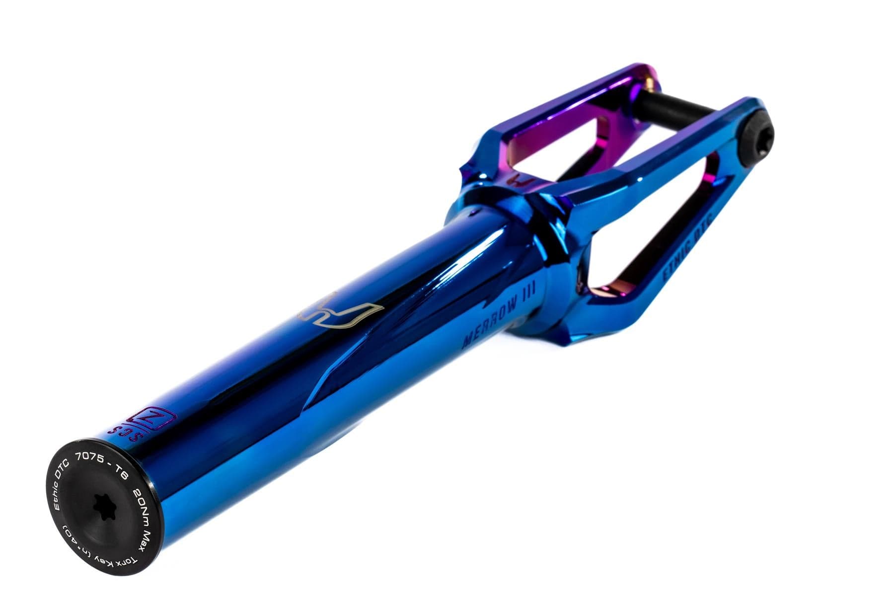 The Ethic DTC Merrow V3 SCS Stunt Scooter Fork in Chrome Blue by Ethic is crafted from 7075 aluminium, has a glossy finish and modern angular design with branding, and is recognized as one of the lightest forks on the market.
