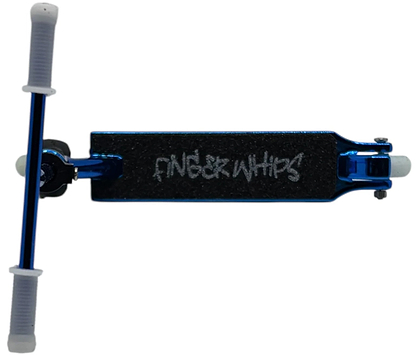 The Finger Whips Finger Toy Scooter - Blue Chrome features grey handle grips and a black grip deck with "FINGER WHIPS" in white graffiti-style letters, perfect for fans of Finger Whips and finger scooters.