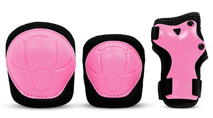 The SFR Essentials Youth Triple Pad Set V2 in pink by SFR includes a knee pad, an elbow pad, and a wrist guard for kids, displayed side by side on a white background.
