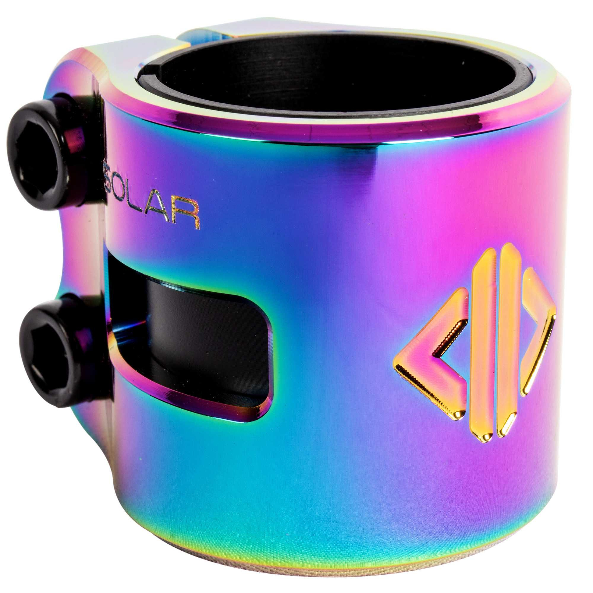 The Drone Solar 2 Bolt Oversized Stunt Scooter Clamp - Neochrome by Drone is a vibrant, high-performance upgrade with a metallic rainbow finish. It is lightweight with two black screws and an engraved logo, offering style and strength for stunt enthusiasts.