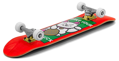 The Enuff Lucky Cat Red Complete Skateboard (8.0" x 32") features white wheels, silver trucks, and a vibrant waving lucky cat deck with “MAKE YOUR LUCK”—ideal for beginners into street or park skating.