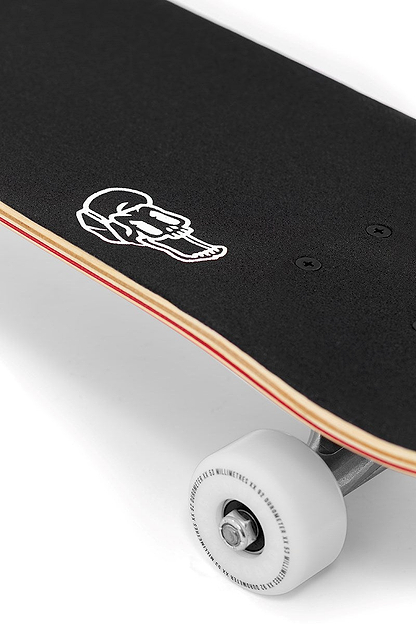 Close-up of the Enuff Lucky Cat Mini Red Complete Skateboard (7.25" x 29.5") by Enuff, featuring black grip tape with a white graphic, layered wooden deck, and white wheels—ideal for beginners.