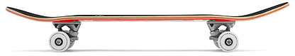 A side view of the Enuff Lucky Cat Mini Red Complete Skateboard - 7.25" x 29.5", ideal for beginners or kids, highlights its curved deck, white wheels, and metal trucks against a white background.
