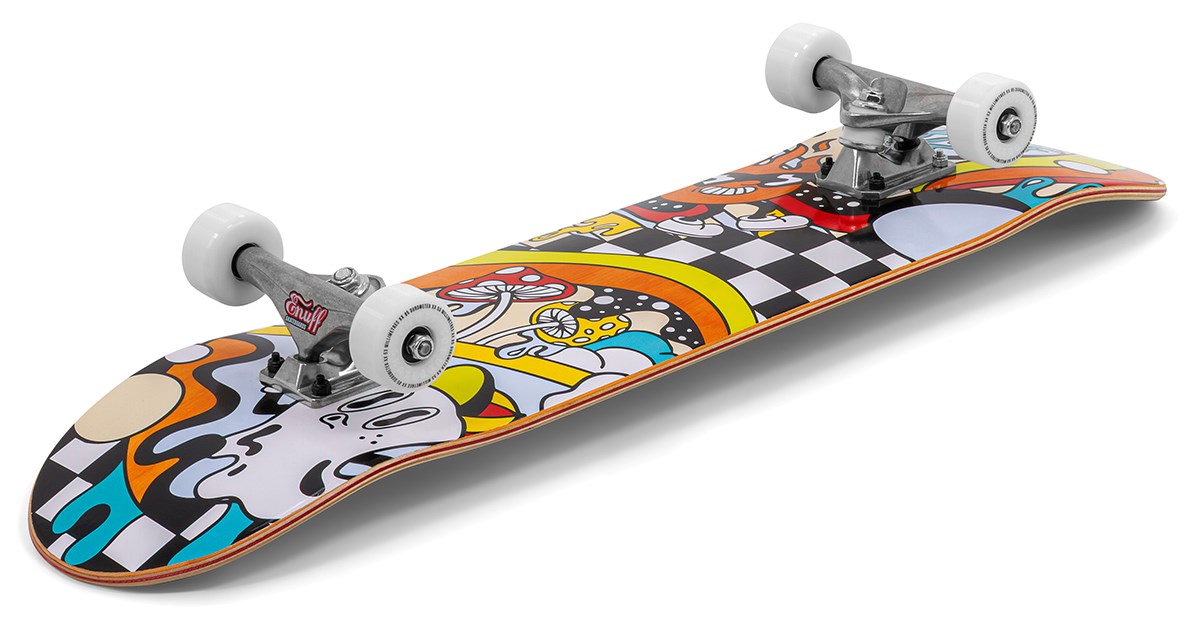 The Enuff Meltworld Confused Complete Skateboard (7.75" x 31.5") features a bright cartoon mushroom, rainbow, and checkerboard graphic with white wheels and trucks—ideal for beginners seeking a vibrant ride from Enuff.