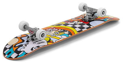 The Enuff Meltworld Confused Complete Skateboard (7.75" x 31.5") features a bright cartoon mushroom, rainbow, and checkerboard graphic with white wheels and trucks—ideal for beginners seeking a vibrant ride from Enuff.