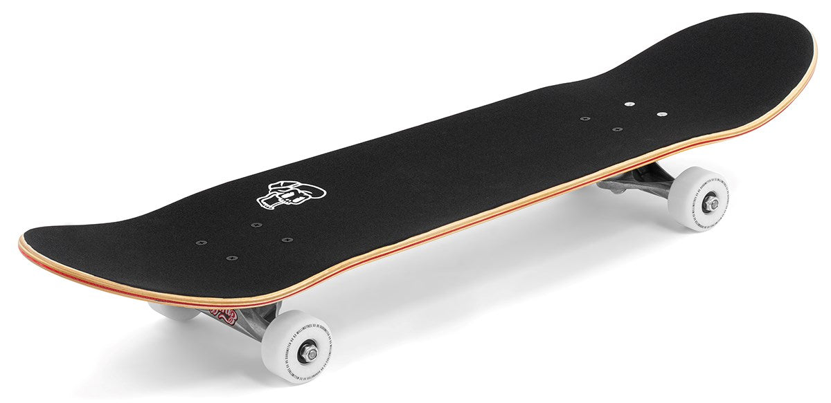 The Enuff Meltworld Confused Complete Skateboard (7.75" x 31.5") in black features white wheels, silver trucks, a small white graphic on the deck, and a wooden edge. It's shown on a white background. Brand: Enuff.