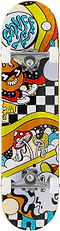 The Enuff Meltworld Confused Complete Skateboard (7.75" x 31.5") by Enuff features vibrant cartoon-style art with abstract characters, mushrooms, dripping shapes, and a checkerboard—ideal for beginner skateboarders seeking playful style.