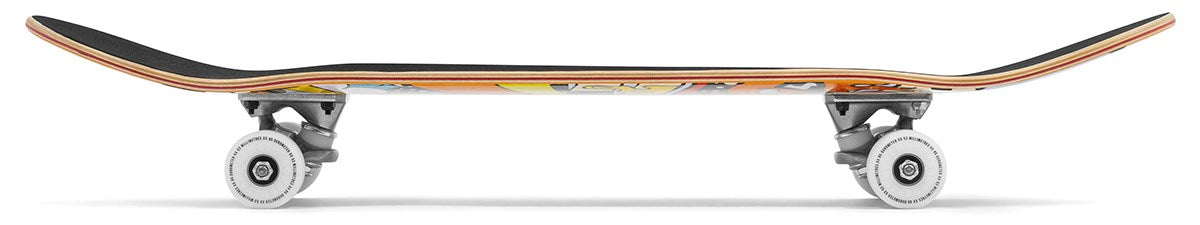 Side view of the Enuff Meltworld Confused Complete Skateboard (7.75" x 31.5") by Enuff, with black grip tape, white wheels, silver trucks, and bold underside art. Upward-curved nose and tail make it perfect for beginners.