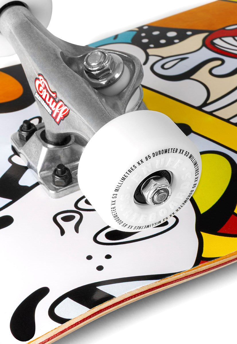 Close-up of the Enuff Meltworld Confused Complete Skateboard (7.75" x 31.5") by Enuff, featuring a wheel and truck on a colorful deck with bold, cartoon-style artwork—perfect for beginner skateboarders.