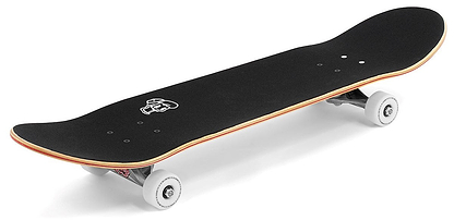 The Enuff Meltworld Mini Dazed Complete Skateboard (7.25" x 29.5") features a black deck with wood-colored edges, white wheels, and a small front graphic, making it ideal for kids. Shown on a white background.