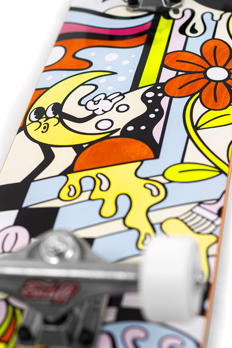 Close-up of the Enuff Meltworld Mini Dazed Complete Skateboard (7.25" x 29.5") by Enuff, featuring a vibrant abstract graphic with bold lines, an orange flower, cartoon characters, and white wheels—ideal for kids.