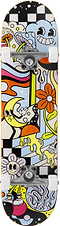 The Enuff Meltworld Mini Dazed Complete Skateboard (7.25" x 29.5") features a bold cartoon-style design with smiling faces, vibrant flowers, mushrooms, hands, paint splatters, and a checkerboard—perfect for kids.