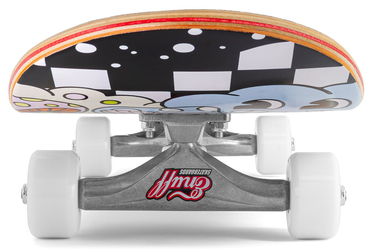 Front view of the Enuff Meltworld Mini Dazed Complete Skateboard (7.25" x 29.5") by Enuff, featuring white wheels, metal trucks, and a colorful cartoon-style patterned deck with checkerboard—ideal for kids.