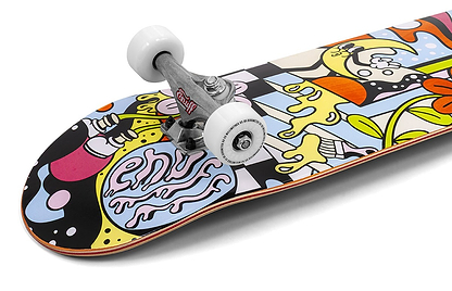 The Enuff Meltworld Mini Dazed Complete Skateboard (7.25" x 29.5") by Enuff features white wheels and trucks, plus a vibrant abstract deck graphic with cartoon designs in yellow, purple, blue, red, and black.