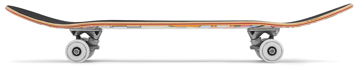 Side view of the Enuff Meltworld Mini Dazed Complete Skateboard (7.25" x 29.5"), featuring a colorful design, white wheels, black grip tape, and multi-layered wooden deck with curved nose and tail—perfect for kids.