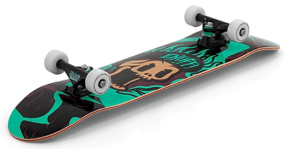 The Enuff Pyro III Blue Complete Skateboard (7.75" x 31.5") by Enuff features a 7-ply maple deck, white wheels, a black background with green and tan skull graphics, ideal as an entry-level board for new skaters.