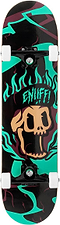 The Enuff Pyro III Blue Complete Skateboard (7.75" x 31.5") features a 7-ply maple deck, white wheels, black trucks, and a tan skull with green and purple flames beneath "ENJIFFI"—ideal for beginners.