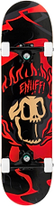 The Enuff Pyro III Red Complete Skateboard - 7.75" x 31.5" features a tan skull with red flames and bold red "ENUFF" lettering on a durable 7-ply maple deck. This entry-level board comes fully assembled with wheels and trucks.