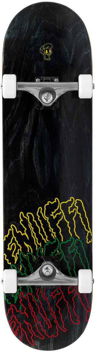The Enuff Three Tier Reloaded Black Complete Skateboard (8.0" x 32.0") features white wheels, silver trucks, and a deck with yellow, green, and red graffiti-style text plus a small skull graphic near the top.