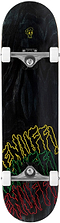 The Enuff Three Tier Reloaded Black Complete Skateboard (8.0" x 32.0") features white wheels, silver trucks, and a deck with yellow, green, and red graffiti-style text plus a small skull graphic near the top.