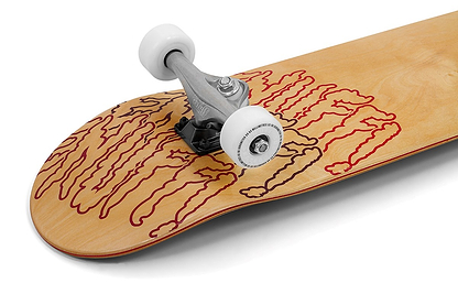 A close-up of the Enuff Three Tier Reloaded Natural Complete Skateboard (8.0" x 32.0") by Enuff, showing its 7-ply maple deck with red abstract art, silver trucks, ABEC 7 bearings, and white wheels on a plain white background.