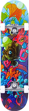 The Enuff Lost At Sea Goldfish Complete Skateboard (8.0" x 32.0") by Enuff features vibrant underwater designs with goldfish, seaweed, and bubbles in bold colors—ideal for beginner skateboarders.