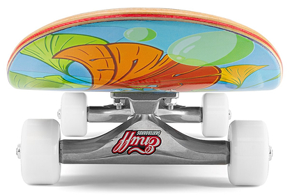 Close-up of the Enuff Lost At Sea Goldfish Complete Skateboard (8.0" x 32.0"), ideal for beginners, featuring a vibrant goldfish design, white wheels, and sturdy metal trucks.