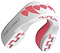 The Safejawz Extro Series Protection Mouthguard - Pink Fangz features a pink fang design, white and pink color scheme, and embossed Safejawz branding, providing hi-impact protection for athletes.