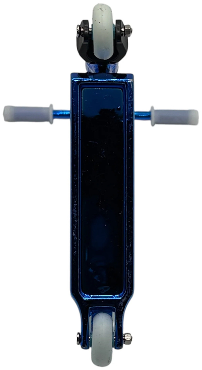 Top-down view of the Finger Whips Finger Toy Scooter - Blue Chrome with gray handlebars and wheels on a white background—a great addition to any Finger Whips collection.