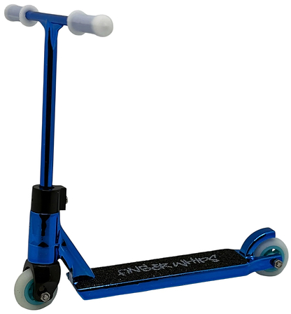 The Finger Whips Finger Toy Scooter - Blue Chrome features white handle grips, two front wheels, a single rear wheel, and grip tape with text on the deck—ideal for practicing finger whips. Shown against a white background.