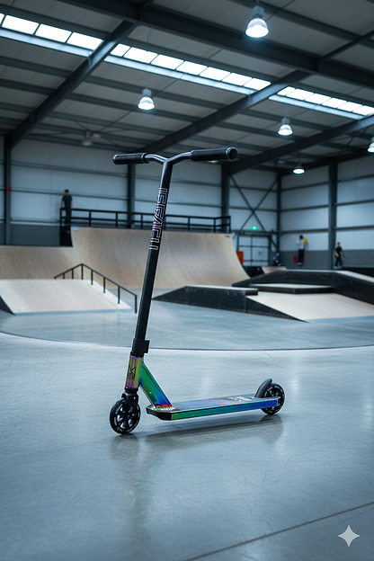 The Legacy 1.5 Pro Complete Stunt Scooter in Rainbow Neochrome/Black stands upright on an indoor skatepark floor, surrounded by ramps and rails beneath bright overhead lights.