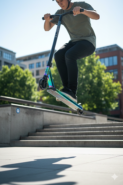 A rider in a helmet and casual clothes performs a jump trick on the Legacy 1.5 Pro Complete Stunt Scooter - Rainbow Neochrome / Black by Legacy over steps in an urban area with trees and buildings in the background.