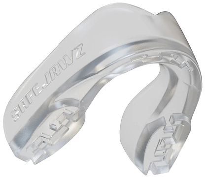 The Safejawz Intro Series Protection Mouthguard - Clear by Safejawz offers jaw stability, protects teeth during sports, and ensures a comfortable fit. The clear design features "SAFEJAWZ" embossed on the side.