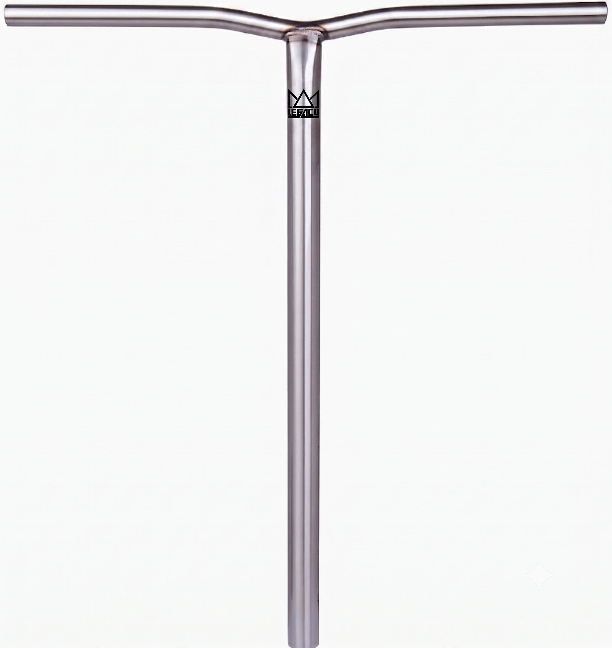 The Legacy Chromo Lite Steel Oversized HIC/SCS Stunt Scooter Bars (Raw, 680mm x 610mm) feature a clean T-shaped chromoly steel design with a small black logo near the top center and come gripless.