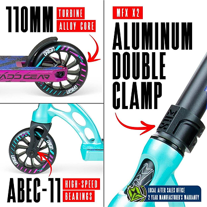 Collage featuring the Madd Gear (MGP) VX Origin IV 450 Complete Stunt Scooter - Gravitron: turquoise 110mm turbine-alloy core wheels, ABEC-11 bearings, MFX X2 aluminum double clamp, plus park rider badges—2-year warranty & local support.