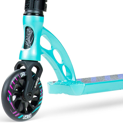Close-up of the Madd Gear (MGP) VX Origin IV 450 Complete Stunt Scooter - Gravitron, featuring a black wheel with colorful accents, a cut-out metal fork, and part of its textured turquoise deck—ideal for park stunts.