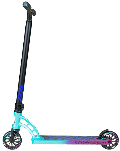 The Madd Gear MGP VX Origin IV 450 Complete Stunt Scooter - Gravitron features a black handlebar, blue and purple deck with bold graphics, teal frame, large front wheel, smaller rear wheel, and is designed for park riders.