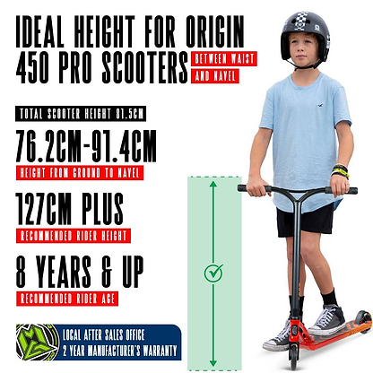 A boy in a helmet stands on a red and black Madd Gear (MGP) VX Origin IV 450 Complete Stunt Scooter - Phonon. Text notes ideal park handlebar height (waist to navel), for riders 127cm+ and ages 8+.