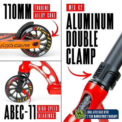 Four-panel image featuring the Madd Gear (MGP) VX Origin IV 450 Complete Stunt Scooter - Phonon: 110mm turbine alloy wheels, MFX X2 double clamp, ABEC-11 bearings; ideal for park riders, with local support and a 2-year warranty.